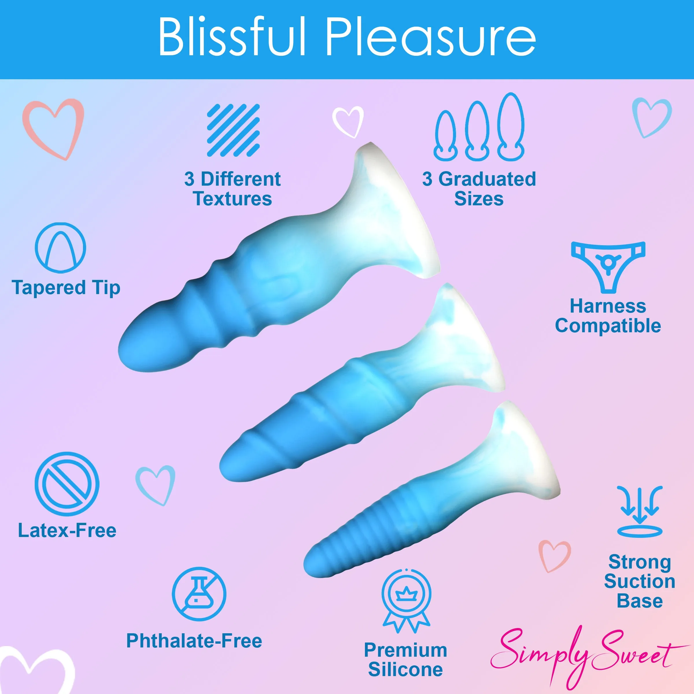 3 Piece Silicone Butt Plug Set - Blue