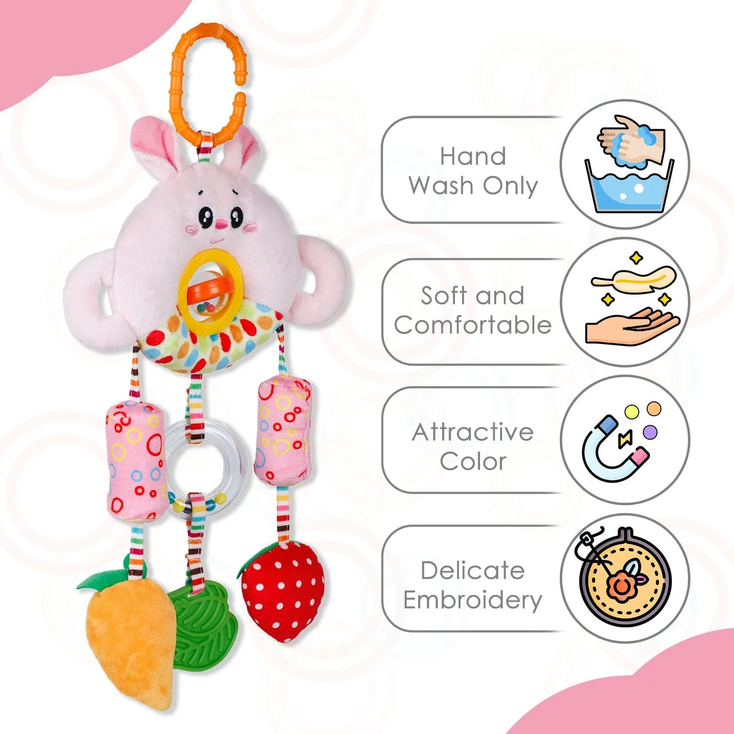 Baby Moo Berry And Carrot Wind Chime With Squeaker Hanging Toy With Teether - Pink