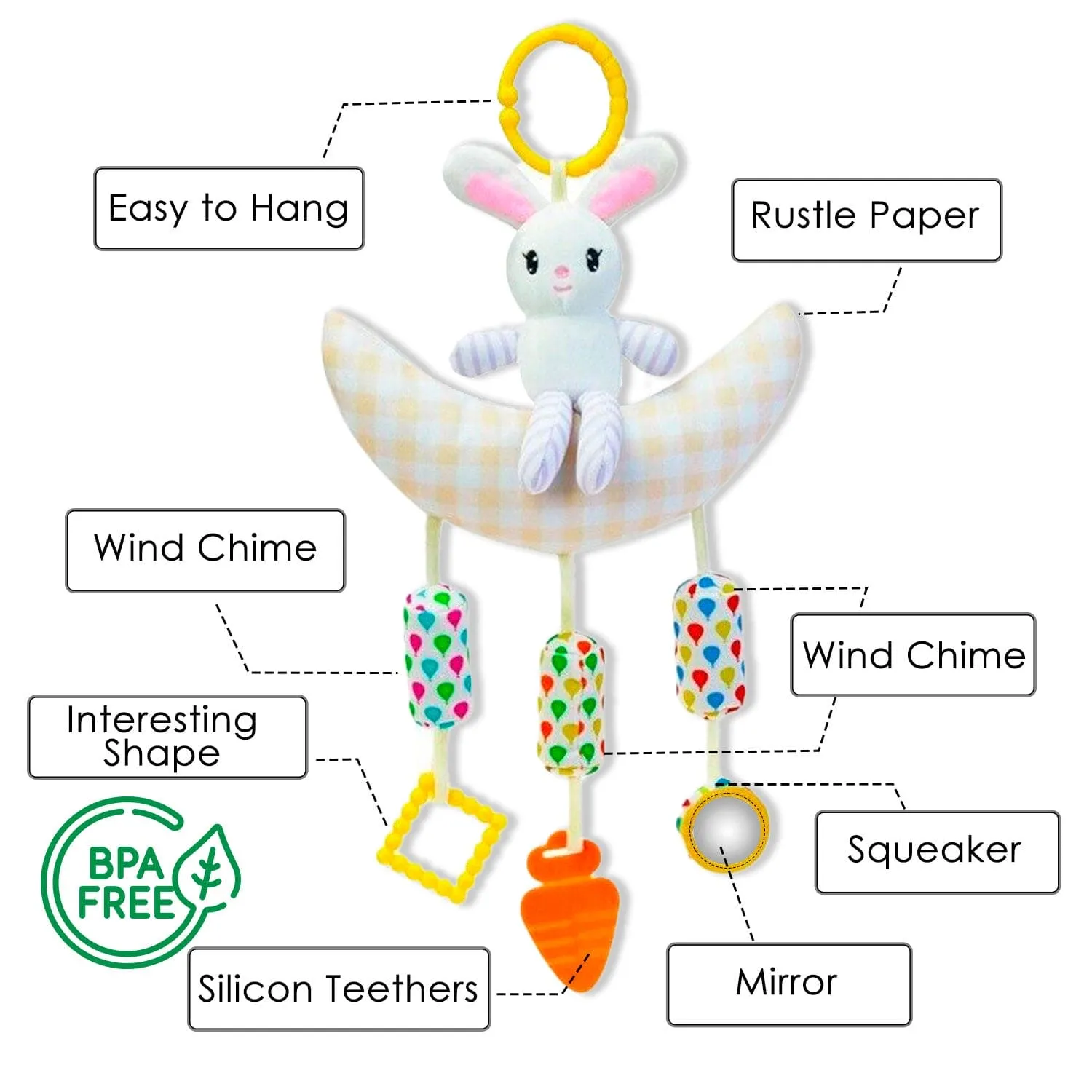 Baby Moo Bunny On Moon Wind Chime Hanging Toy With Teether - Yellow