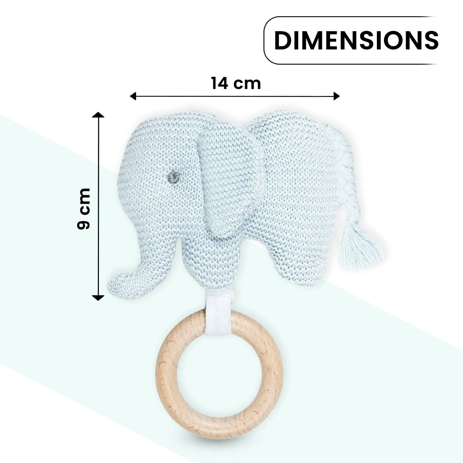 Baby Moo Elephant Wooden Teething Ring Soft Knitted Handheld Rattle - Blue