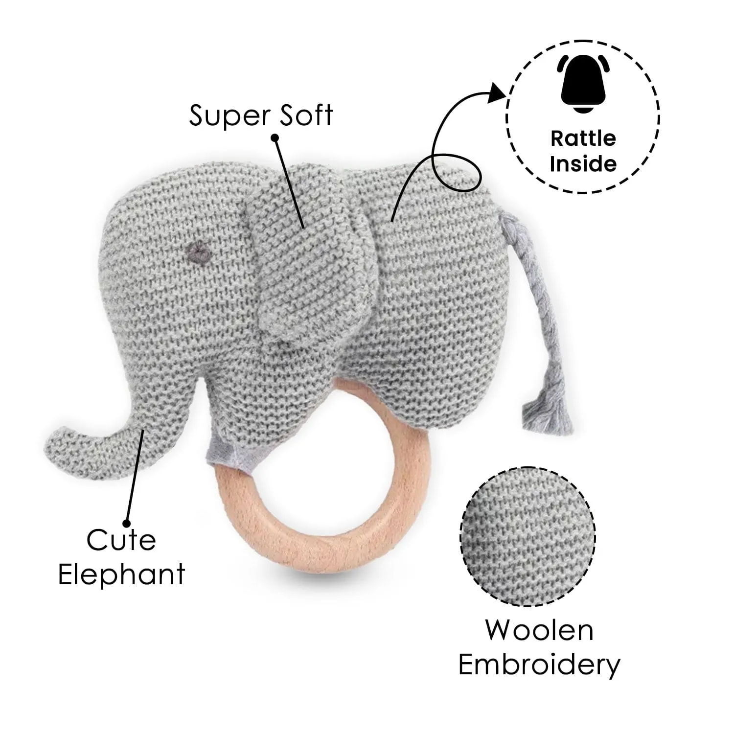 Baby Moo Elephant Wooden Teething Ring Soft Knitted Handheld Rattle - Grey