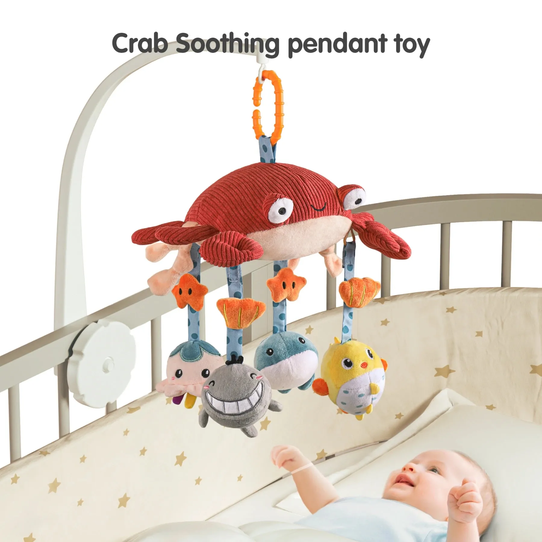 Baby toy crab hanging plush toy, crib car seat stroller cot travel toy with mirror mobile soft rattle toy for baby infant 0 Month 