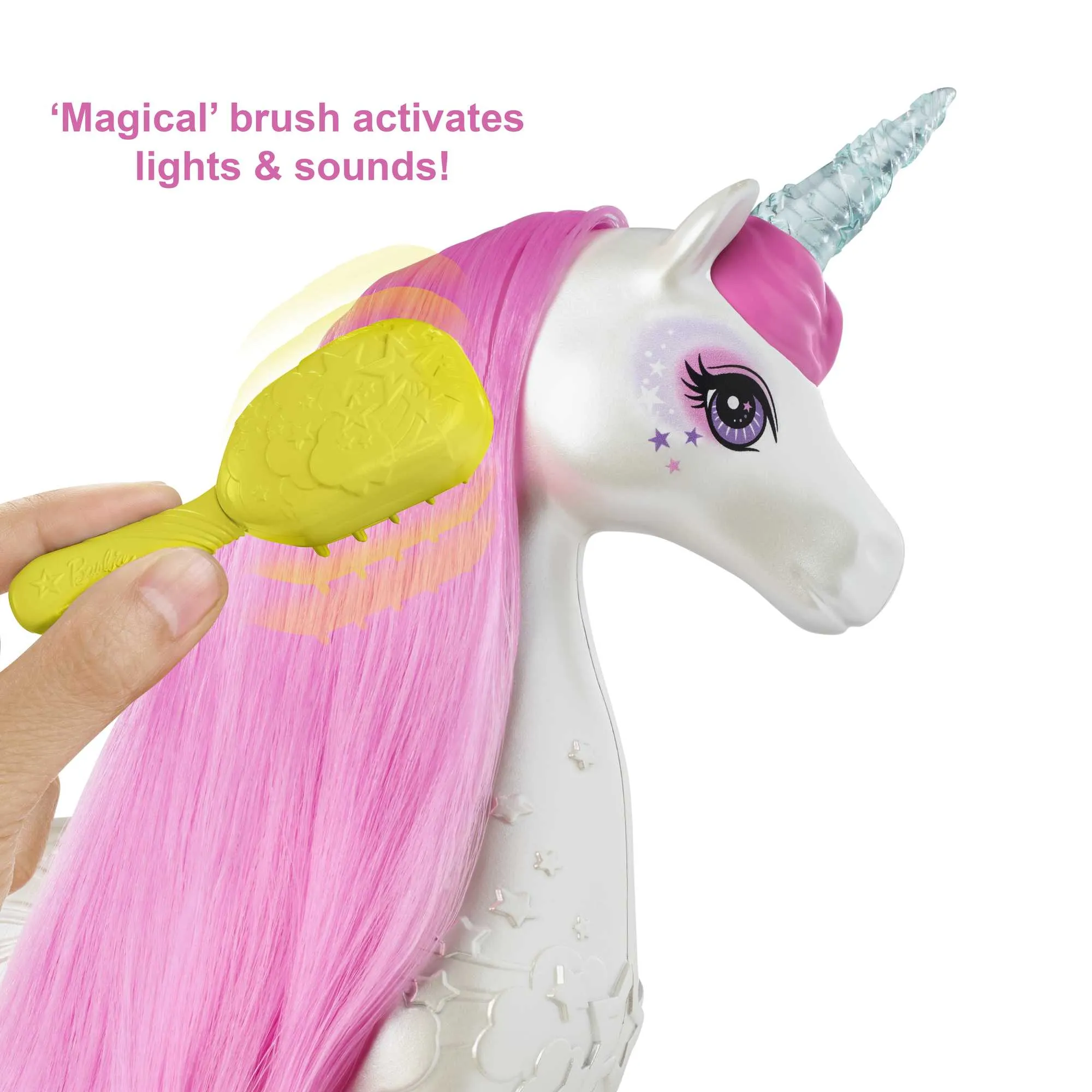 Sure! A more optimized and descriptive title for this e-commerce product could be:

Barbie Dreamtopia Brush n Sparkle Light-Up Unicorn - White with Vibrant Pink Mane and Tail, Magical Sounds Included