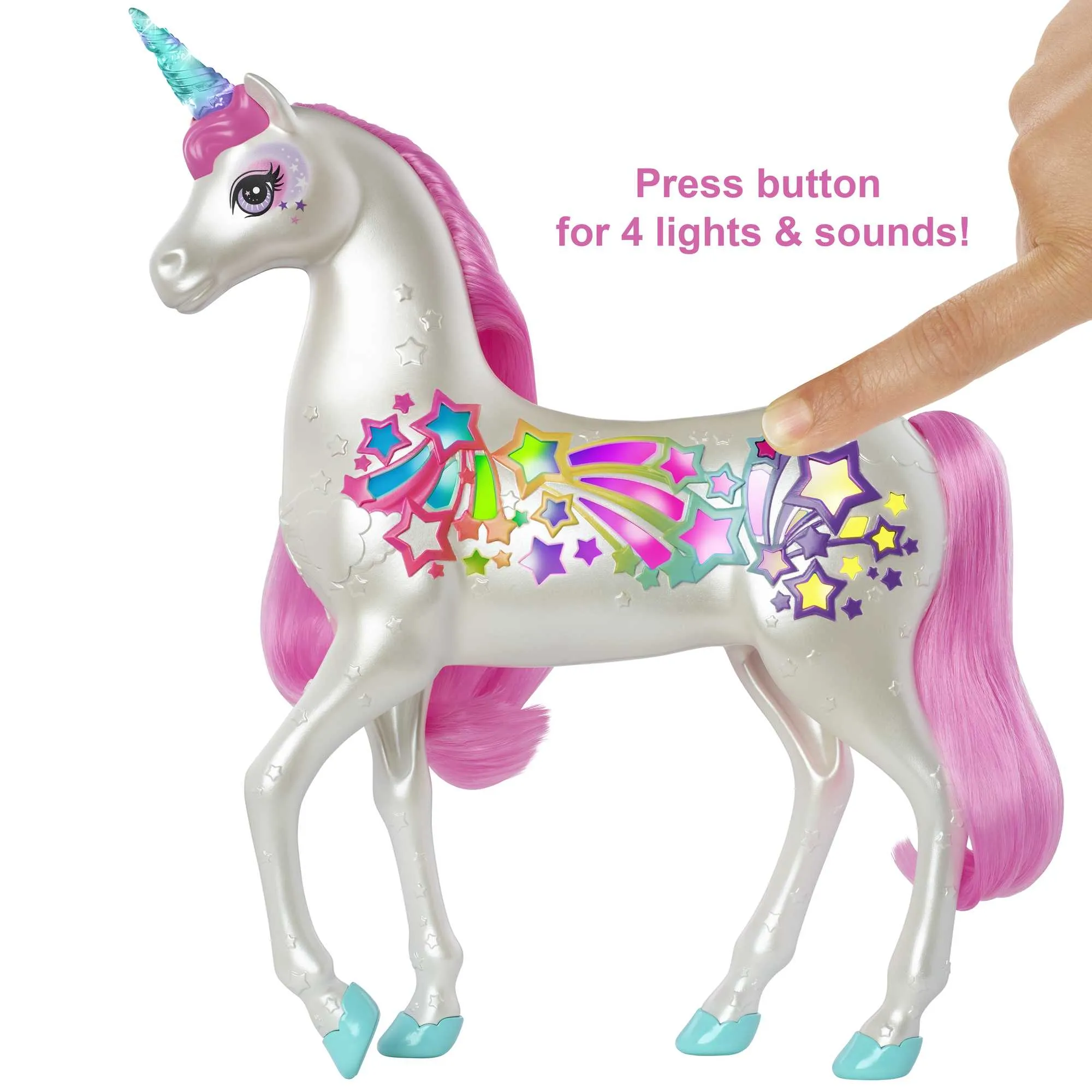 Sure! A more optimized and descriptive title for this e-commerce product could be:

Barbie Dreamtopia Brush n Sparkle Light-Up Unicorn - White with Vibrant Pink Mane and Tail, Magical Sounds Included