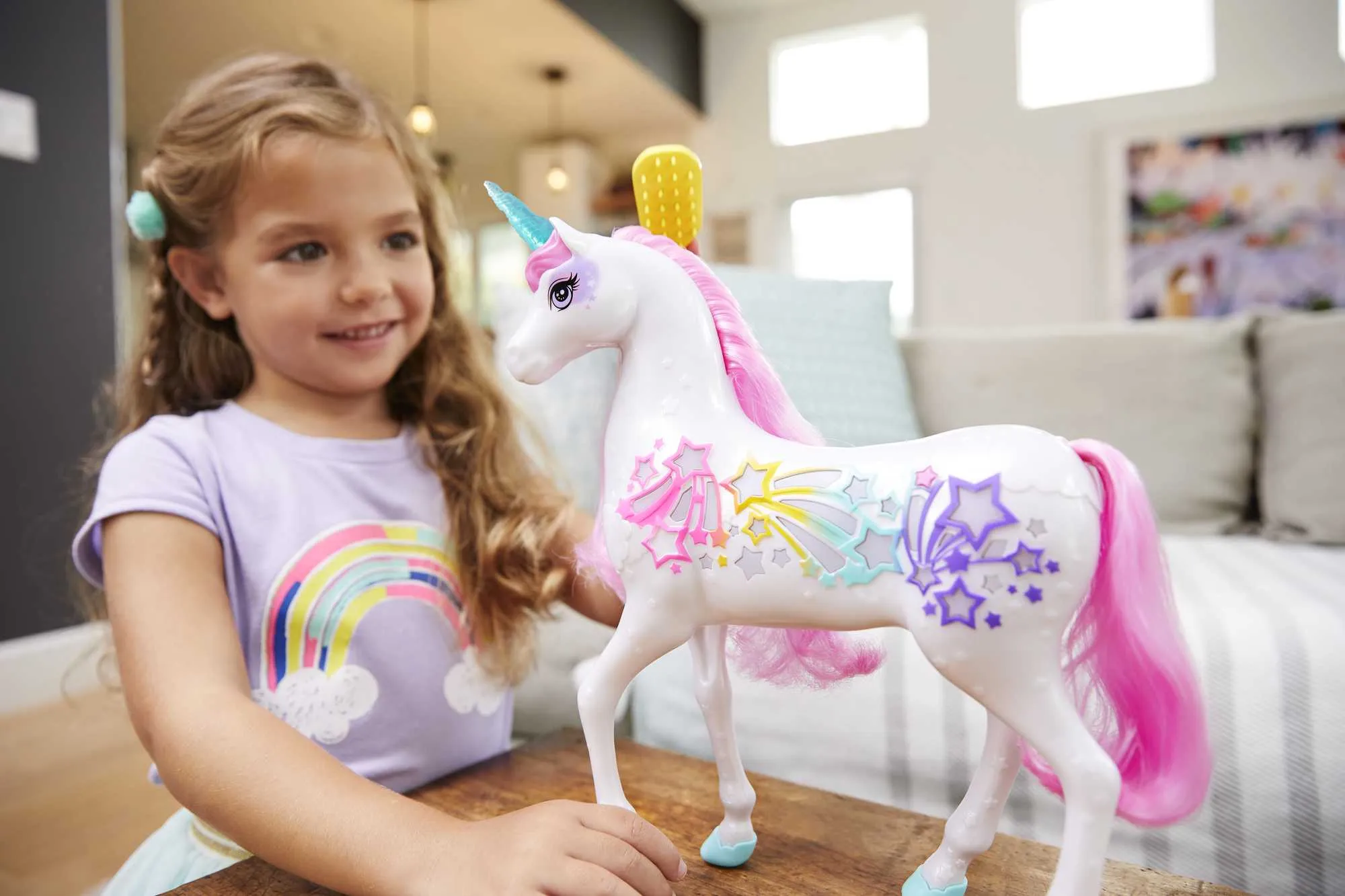 Sure! A more optimized and descriptive title for this e-commerce product could be:

Barbie Dreamtopia Brush n Sparkle Light-Up Unicorn - White with Vibrant Pink Mane and Tail, Magical Sounds Included