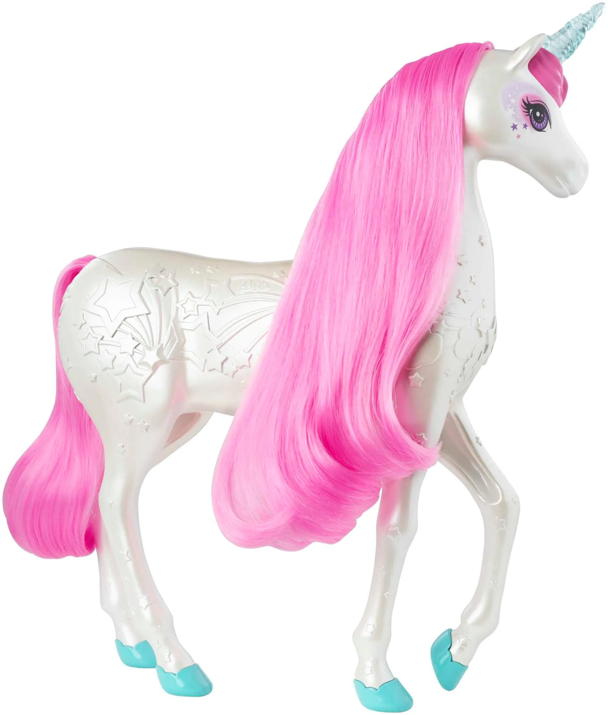 Sure! A more optimized and descriptive title for this e-commerce product could be:

Barbie Dreamtopia Brush n Sparkle Light-Up Unicorn - White with Vibrant Pink Mane and Tail, Magical Sounds Included