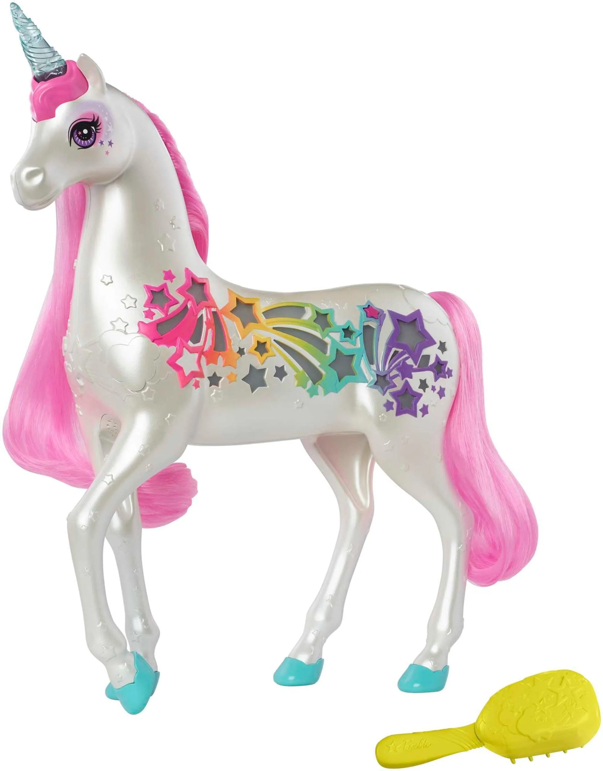 Sure! A more optimized and descriptive title for this e-commerce product could be:

Barbie Dreamtopia Brush n Sparkle Light-Up Unicorn - White with Vibrant Pink Mane and Tail, Magical Sounds Included