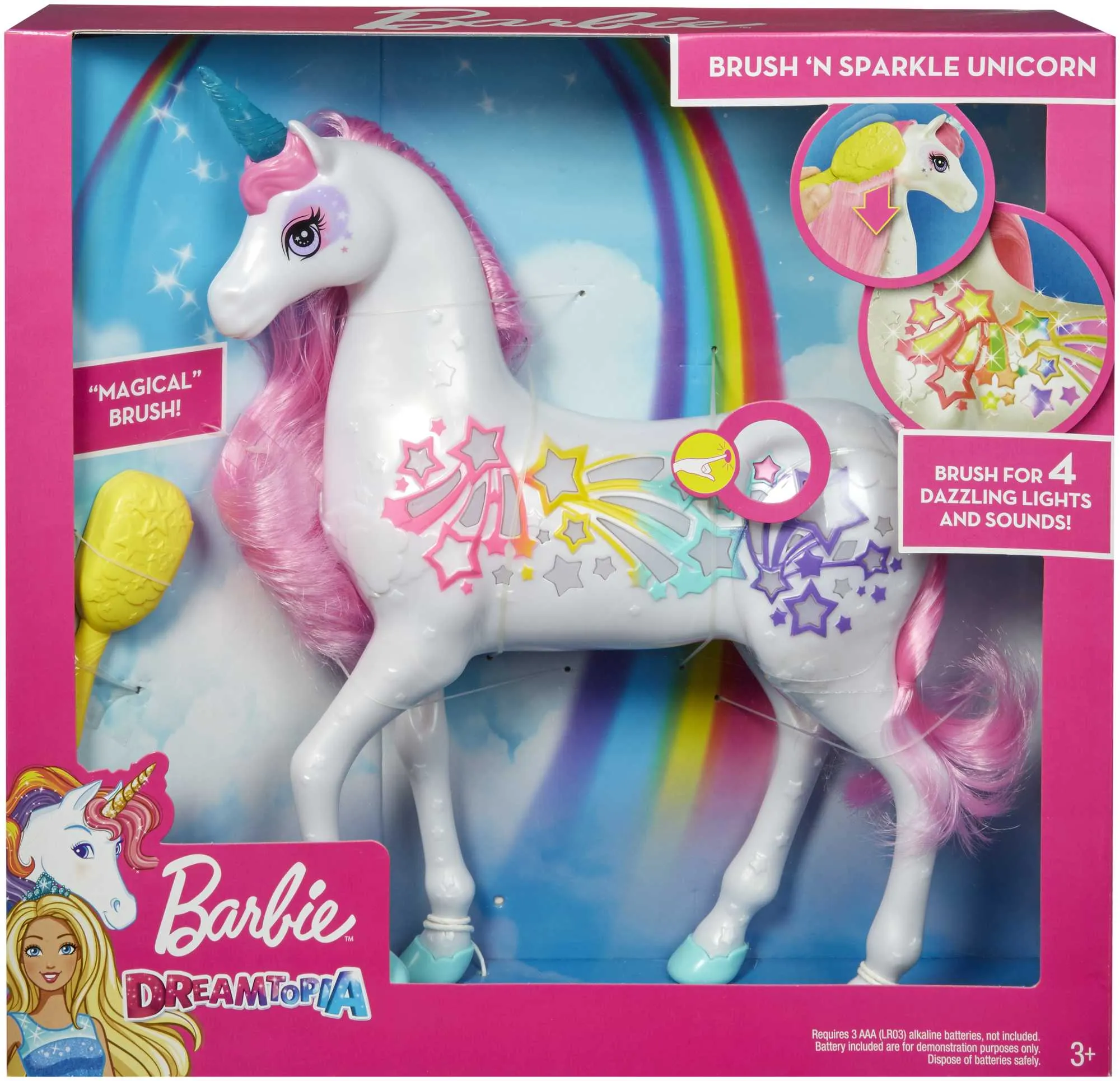 Sure! A more optimized and descriptive title for this e-commerce product could be:

Barbie Dreamtopia Brush n Sparkle Light-Up Unicorn - White with Vibrant Pink Mane and Tail, Magical Sounds Included