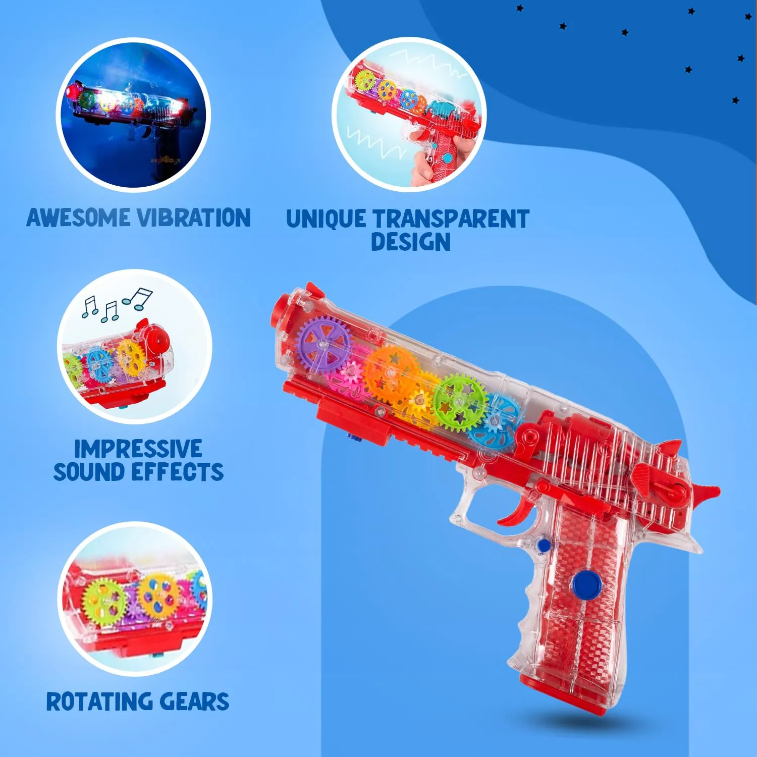 Gooyo GYG001 3D Concept Gear Toy Gun with Flashing LED Lights and Musical Sounds for Kids/Gifts/Toddlers | Multi Color, Power Source: 3xAA Battery (Not Included)