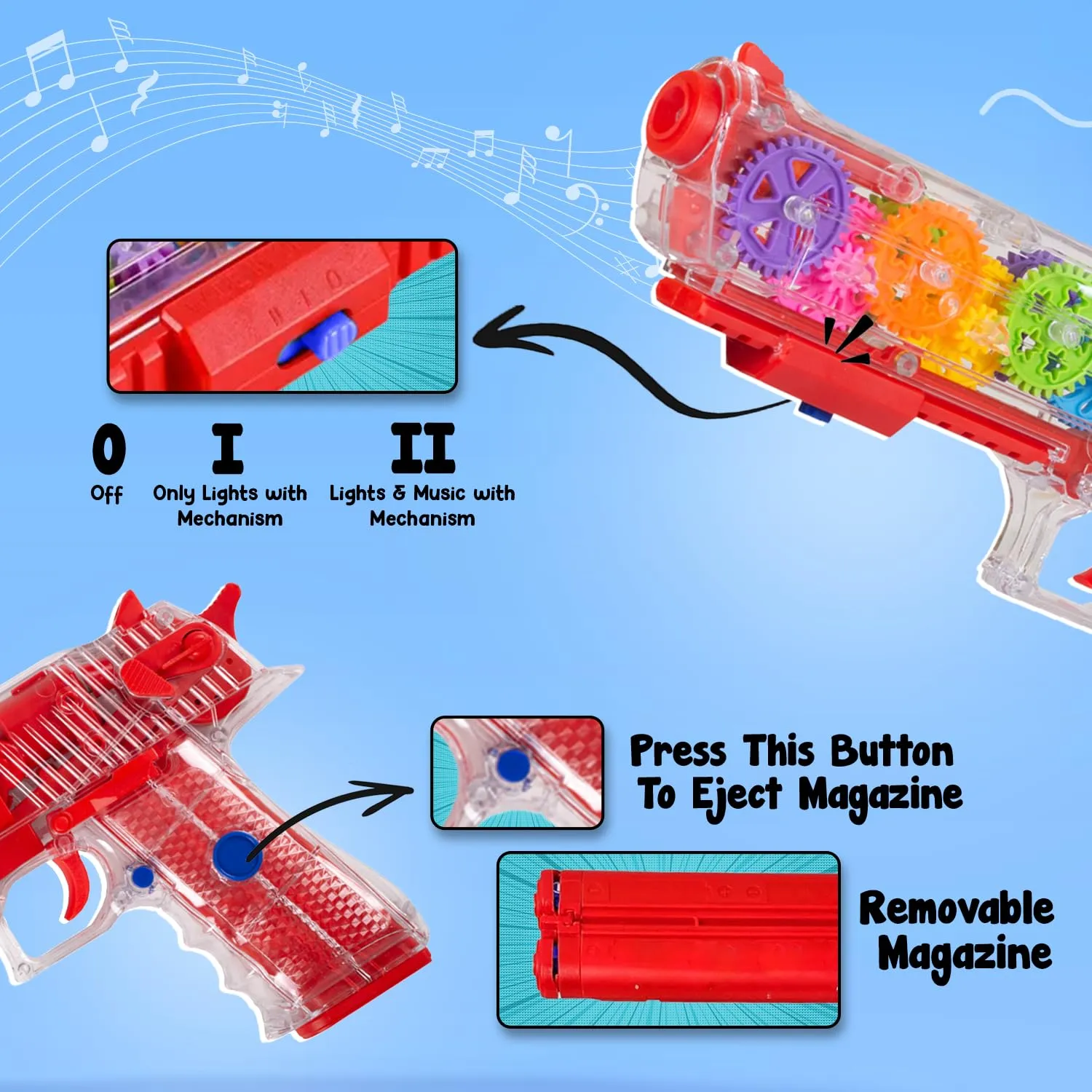 Gooyo GYG001 3D Concept Gear Toy Gun with Flashing LED Lights and Musical Sounds for Kids/Gifts/Toddlers | Multi Color, Power Source: 3xAA Battery (Not Included)