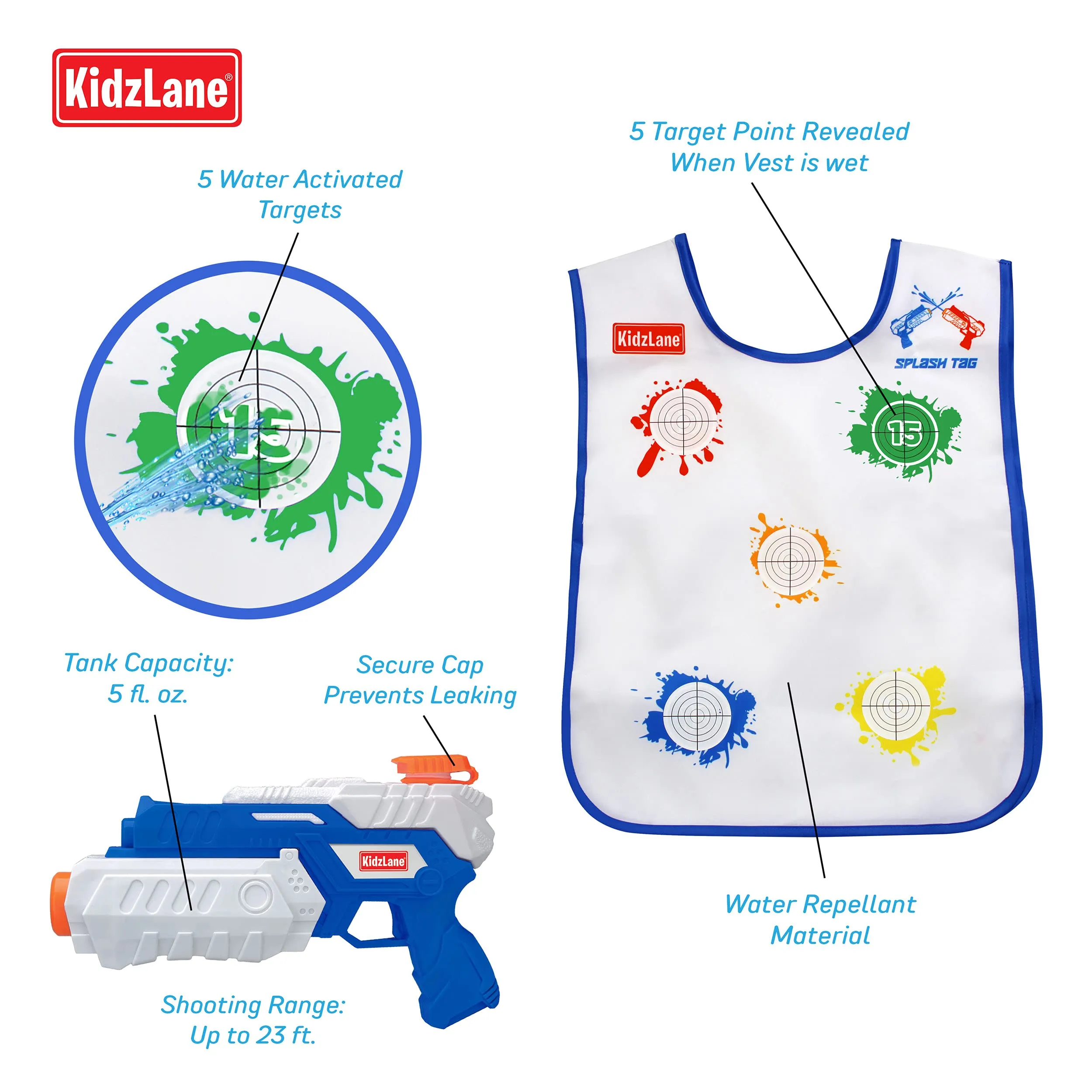 Kidzlane Water Guns & Water Activated Vests | Fun Water Toy for Kids Outside | Backyard