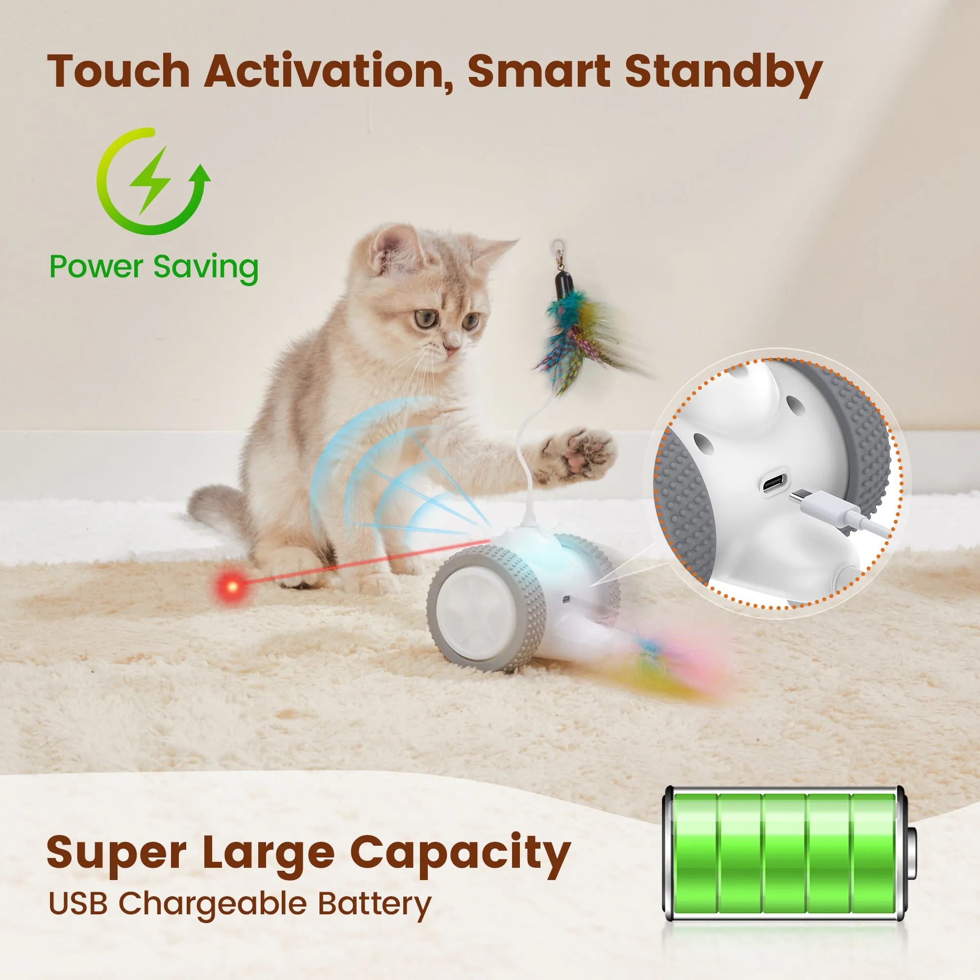 Potaroma Cat Laser Toys Interactive 3in1, Rechargeable, Automatic Moving Wheels