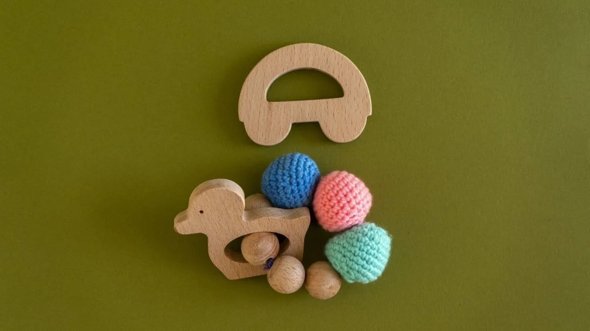 Rocking Potato Wooden Teether Cum Rattle - Duck & Car