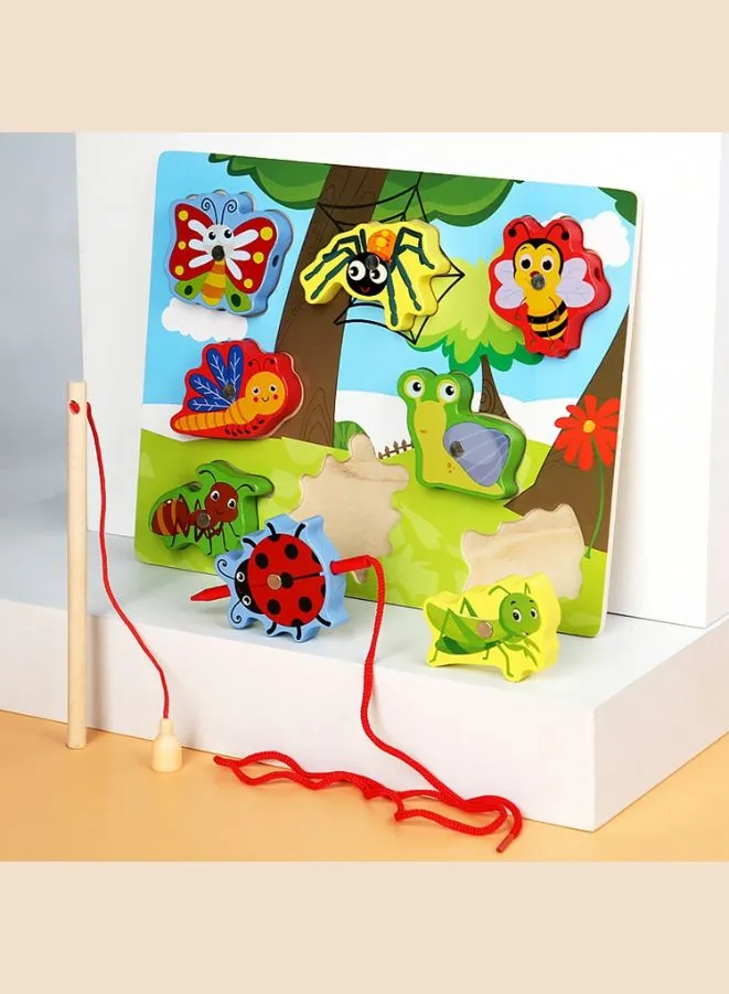 Wooden Magnetic Fishing Toys Set with Fish Rod, Interactive Early Educational Wooden Toys, Insects